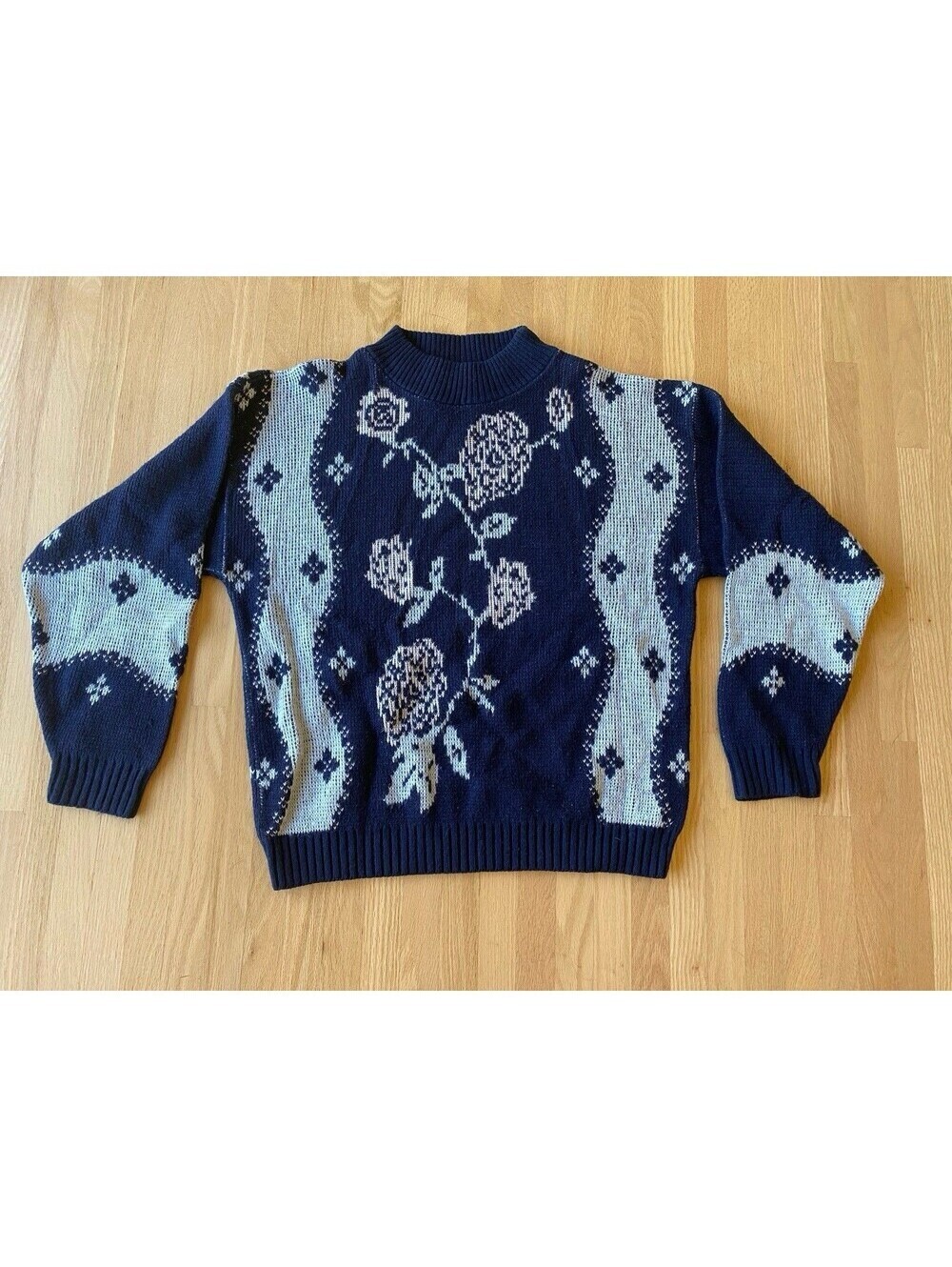 Jonathan Cass Vintage 80โs Cottagecore Navy Cross-stitch Sweater Made In The USA